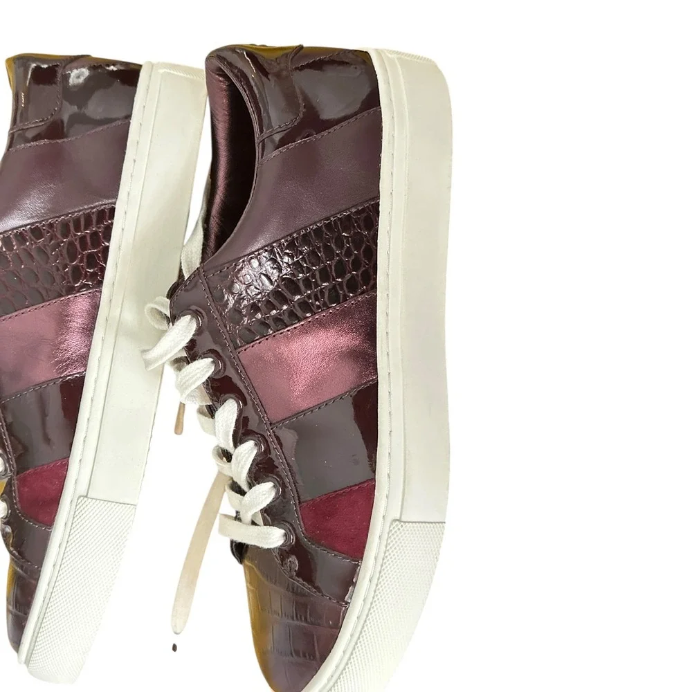 Tory‎ Burch Howell Court Sneakers Burgundy Croc Patent Leather Multi Colorblock